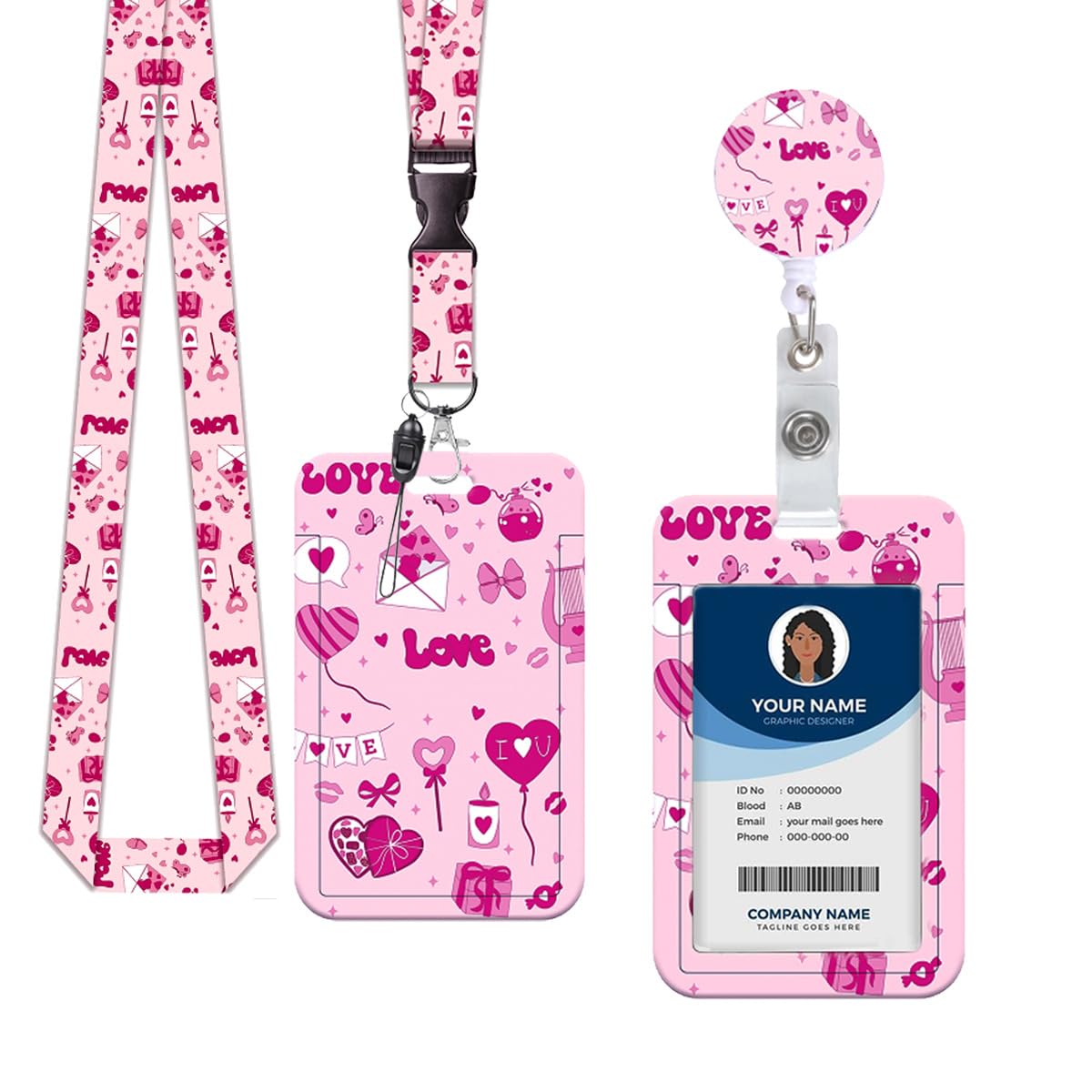 Lanyard for Id Card Badge Case Protector, Hearts Plastic Card Holder，with Retractable Keychain, Detachable Lanyard, Suitable for Nurses, Teachers, Office Workers Occasions (Pink Heart)