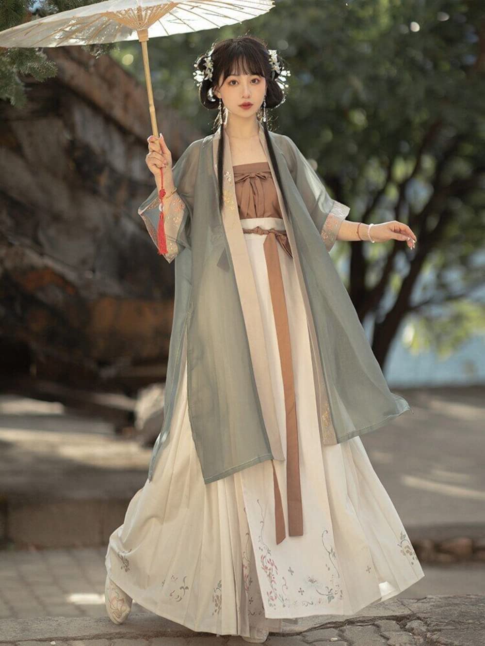 Chińska sukienka Hanfu 4 szt. zestaw herbata zielona płynąca sukienka maxi chińskie starożytne kobiety
