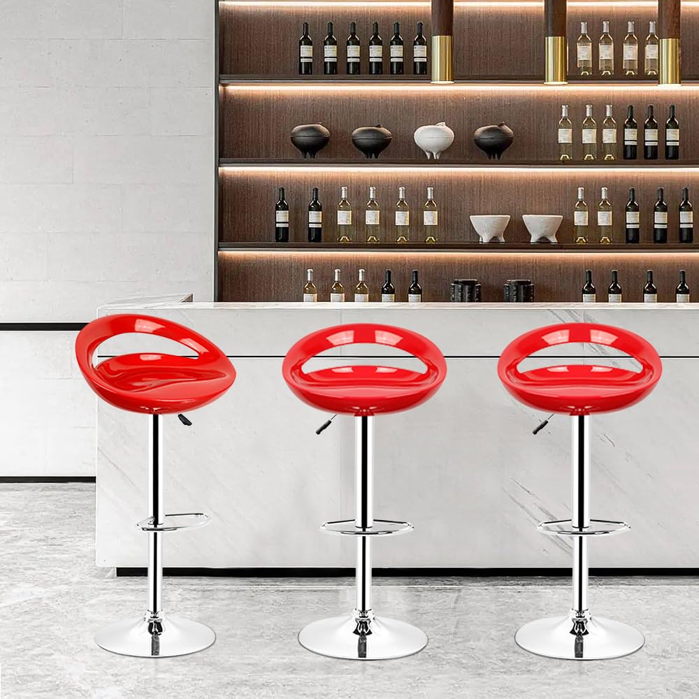 Juego de 2 taburetes de bar, asiento de plástico ABS, silla alta con soporte lumbar y reposapiés, taburete de cocina con altura ajustable 81-101 cm, asiento 43 × 43 × 26 cm (rojo)