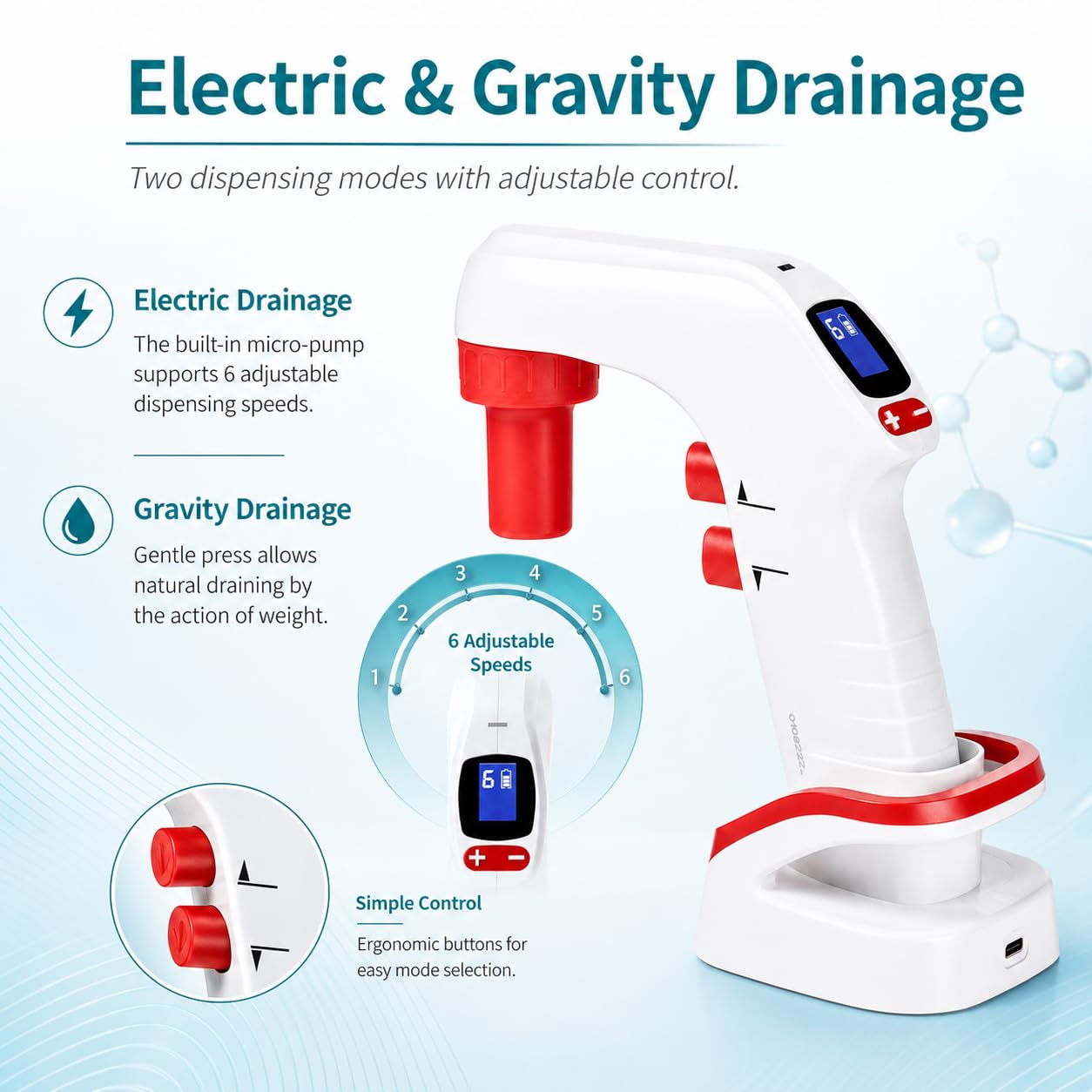 Controlador de pipeta eléctrico con soporte, bomba de pipeta electrónica de 0,1 a 100 ml con pantalla digital, llenado automático de pipetas motorizado, 6 ajustes de velocidad para laboratorios de