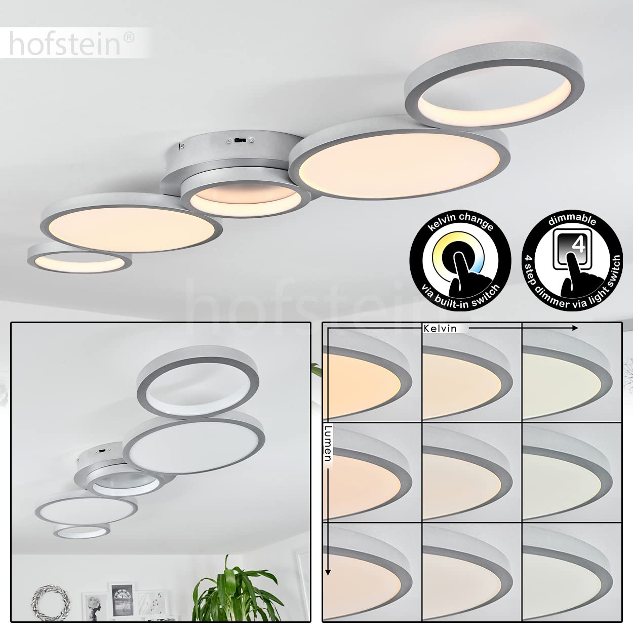 HOFSTEIN LED Deckenleuchte Carabajal, dimmbare Deckenlampe aus Metall in Titanfarben/Weiß, CCT einstellbar 2300-3000-4000 K, dimmbar über Lichtschalter, 5350 L, 46 W, Wohnzimmer, Schlafzimmer, Küche