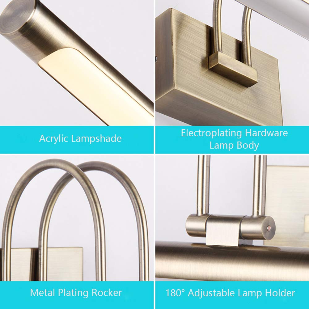 Messing Gebürstet Spiegelleuchte Retro LED Spiegellampe 180 ° Drehung Spiegel Frontlicht Wasserdicht Beschlagfrei Badezimmer Toilette Garderobe Schminktisch Licht Warmweiß L62CM 14W,Cool white l62cm