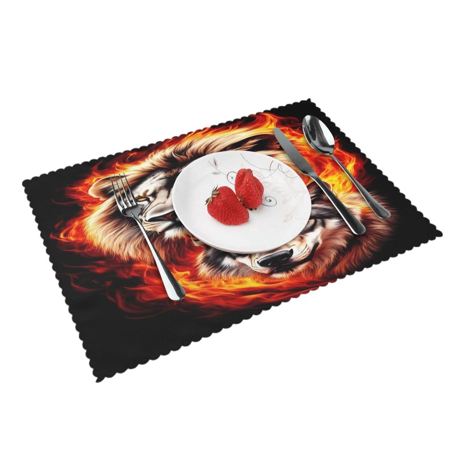 Flame Lion and Wolf Placemats Set of 4 Print Table Mats Place Mats Table Decor for Kitchen Dining 12X18 in