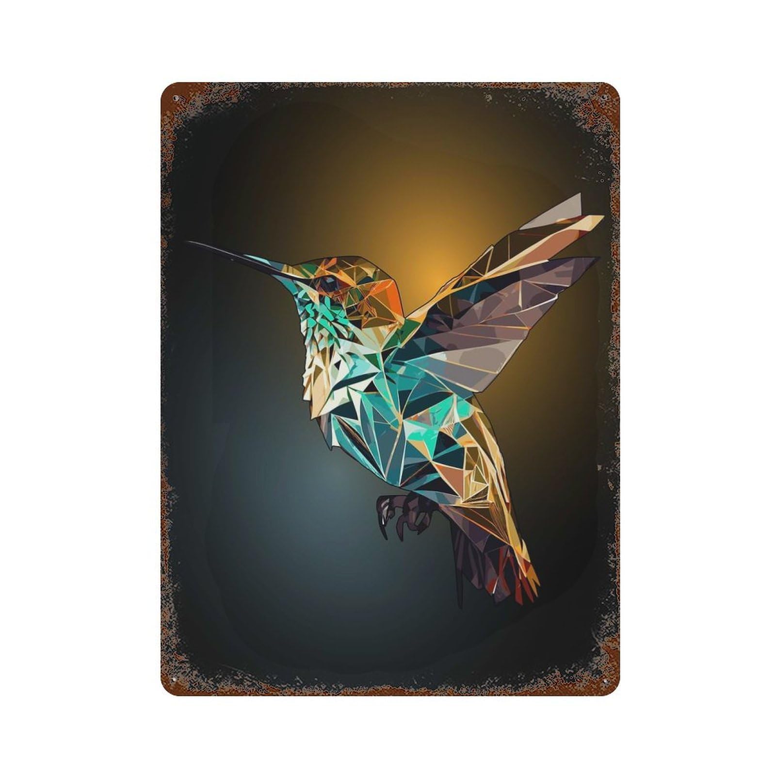 Decorative Tin Sign with Geometric Hummingbird Art Design 15.7"x11.8", for Garage, Bar And Workshop Decor, Decorative Metal Wall Art