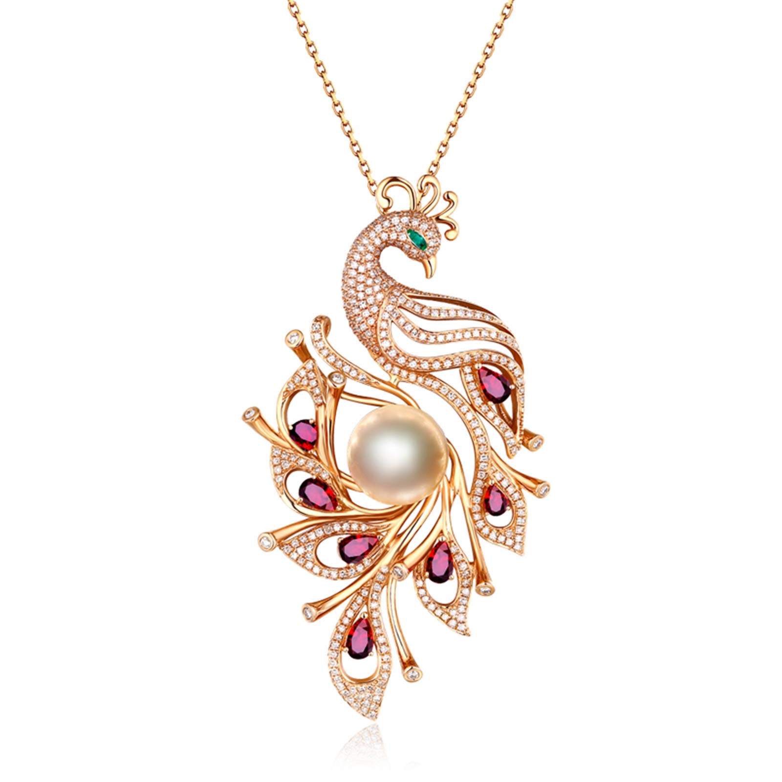 18K Gold Necklaces Women 18ct Red Ruby Phoenix Shape with Pearl Women Necklace Diamond Pendant Necklace Gold