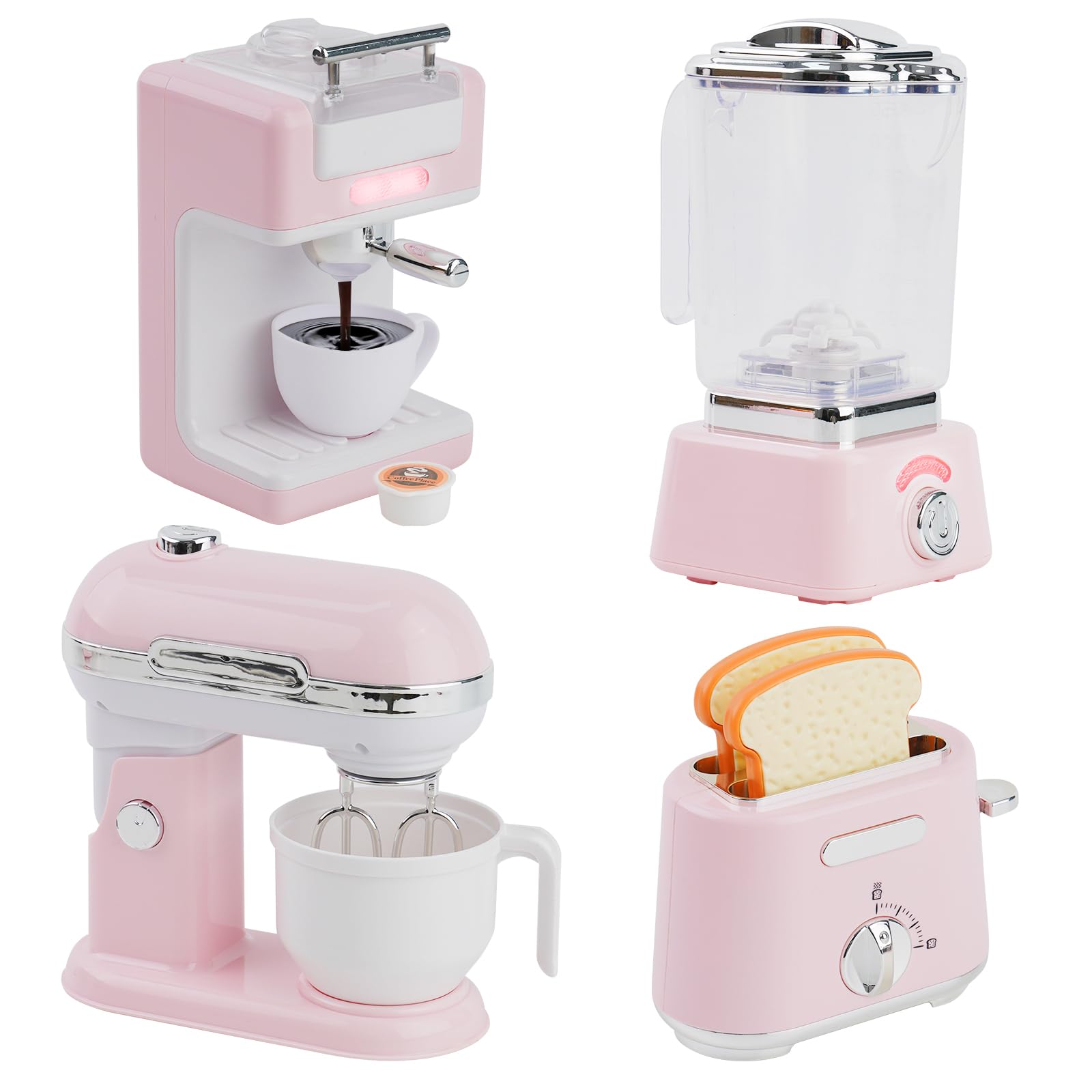 Kids Kitchen Toy Appliances Playset,Pretend Play Toy Set with Coffee Maker/ Toy Mixer / Play Toaster / Juicer Machine,Toddler Cooking Accessories Set,Birthday Gifts for Boys Girls (Pink)