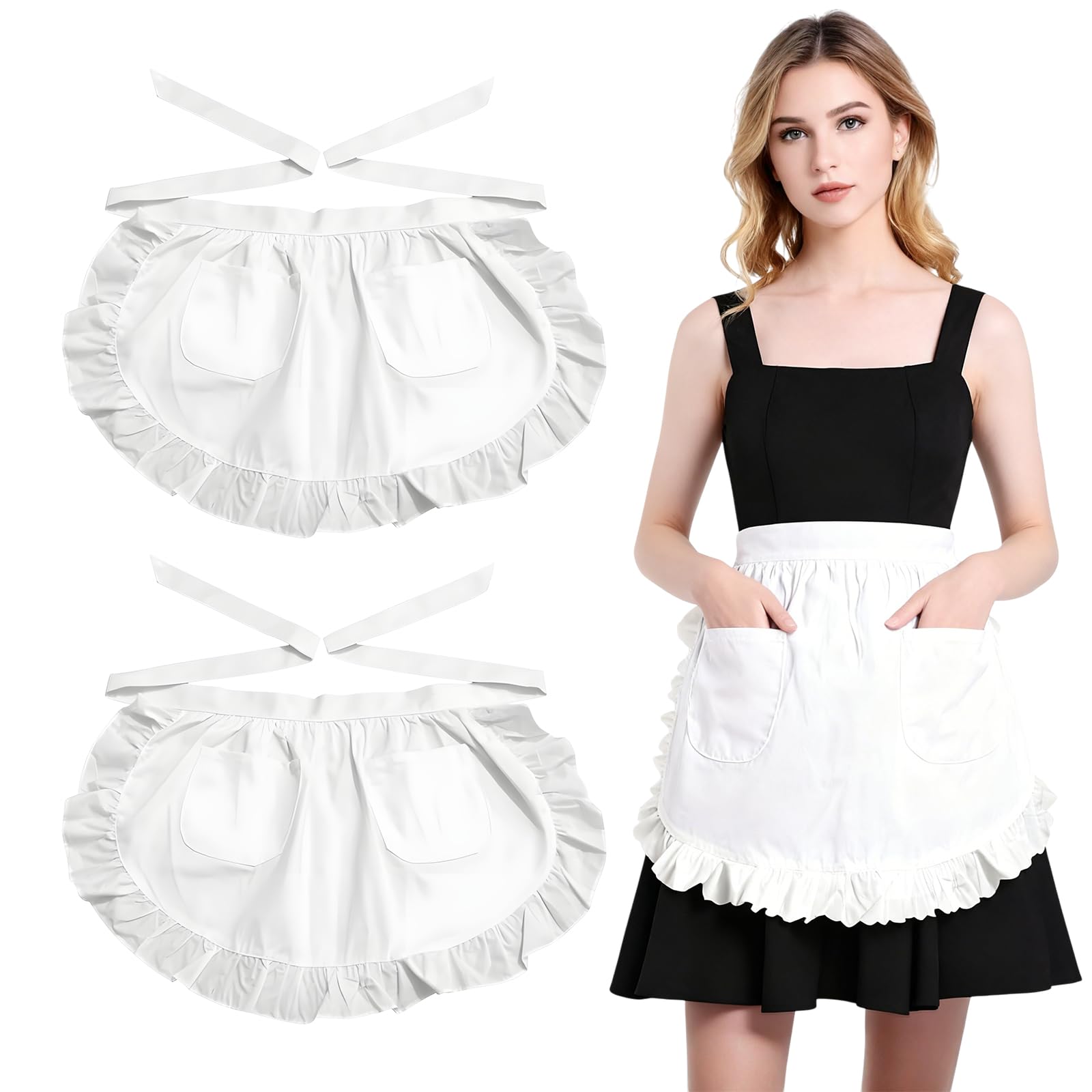 HEUIOP 2 Pcs White Waist Apron, Adjustable Half White Frilly Maid Apron with 2 Pockets, Vintage Maid Costume Aprons for Kitchen Cooking, Restaurant Servers & Coffee Shop