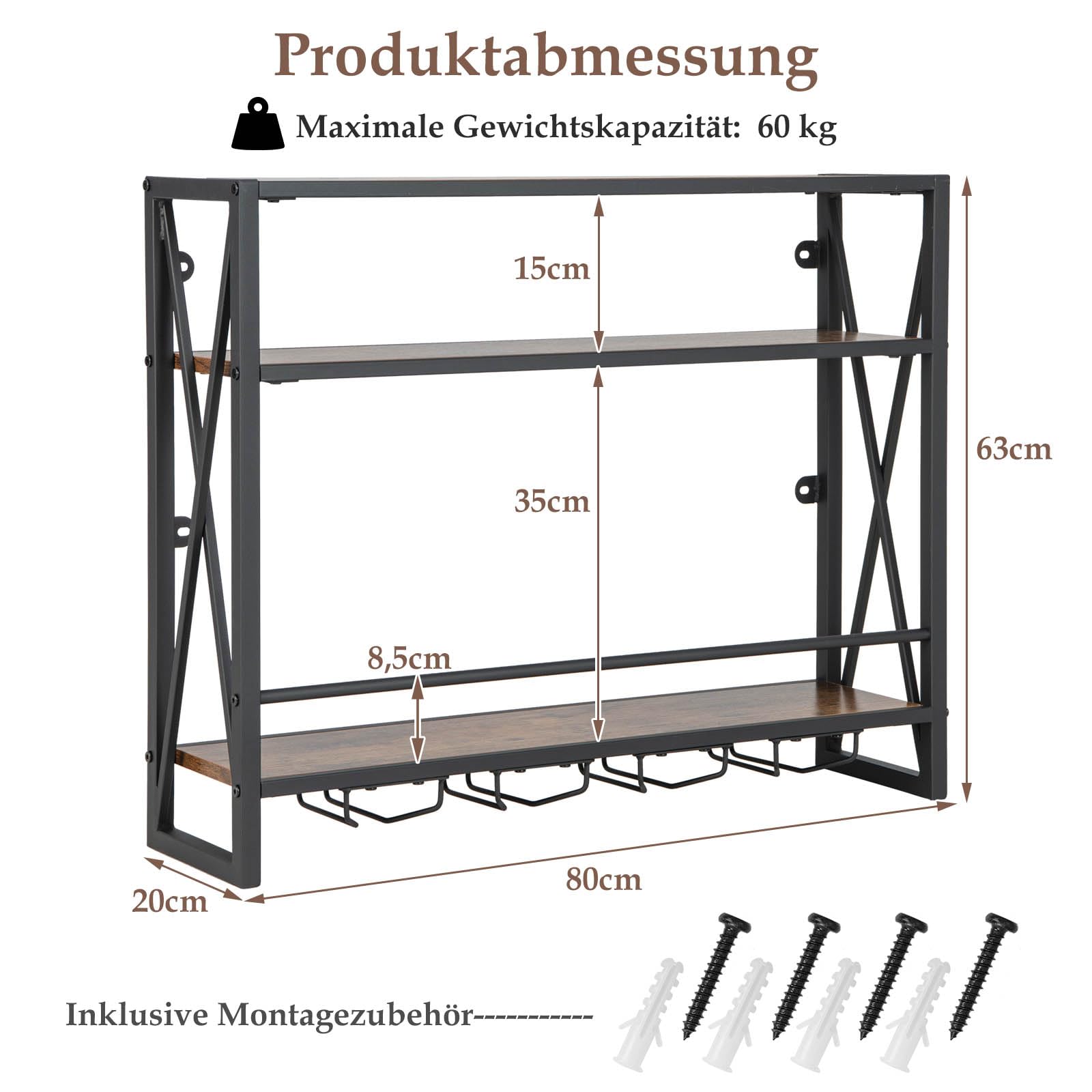 COSTWAY 3 Ebenen Weinregal Wand, Flaschenregal Holz mit Metallrahmen, mit 4 Reihen Weingläserhalter, Industrial Design, ideal für Zuhause, Bar, Küche, Restaurant