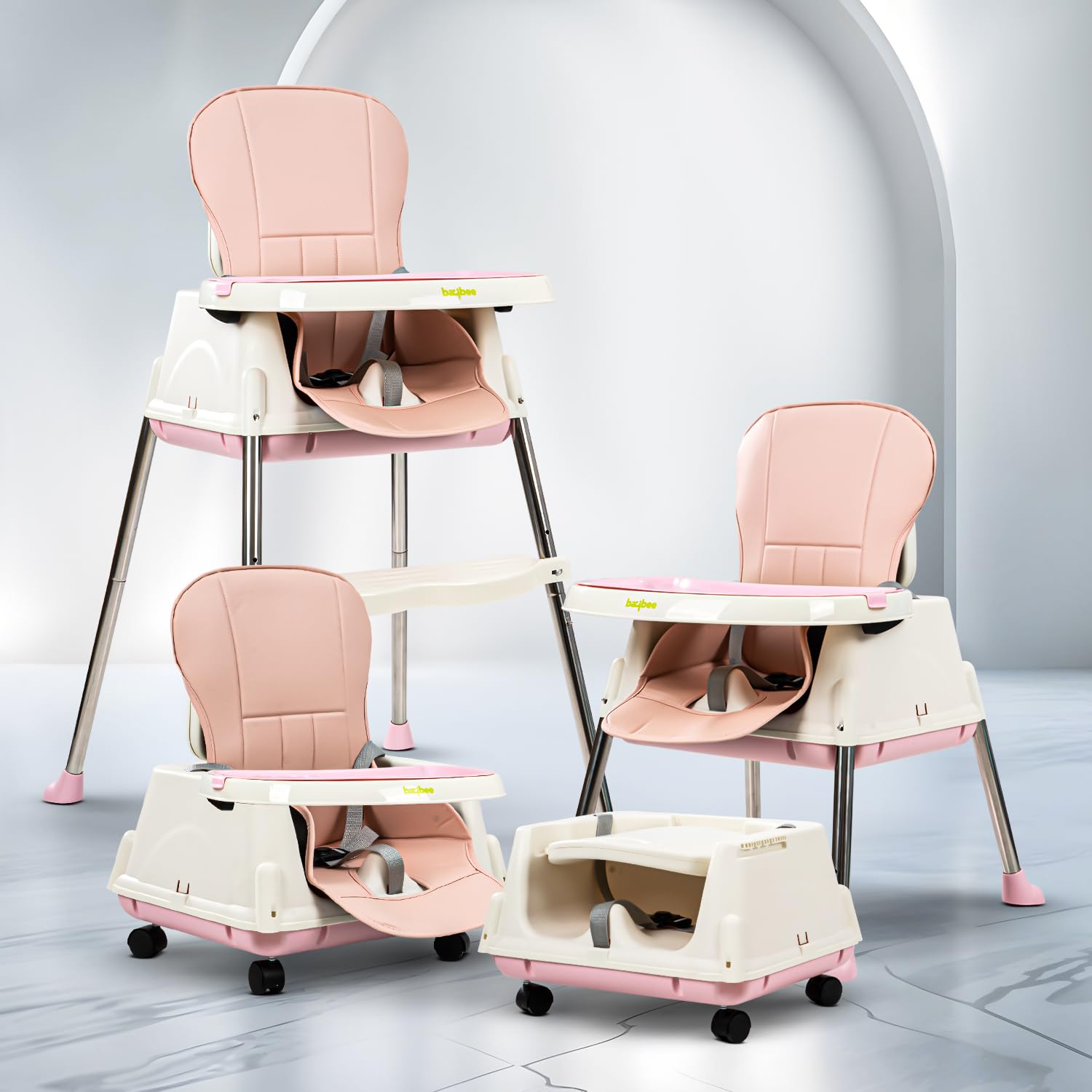 Baybee 4 in 1 High Chair for Kids with Adjustable Height & Footrest, Feeding Chair Booster Seat for Toddlers with Tray & Belt | High Chair for Baby 6 Months to 3 Years Boy Girl (Pink)