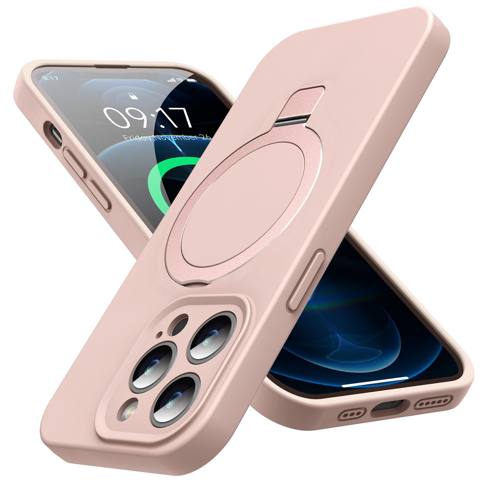 Mag-Ring Designed for iPhone 12 Pro Case, Liquid Silicone [Moisturizing Factor] Extreme Soft Slim Phone Case with Stand [Compatible with MagSafe] for 12 Pro 6.1 inch Men Women, Pink