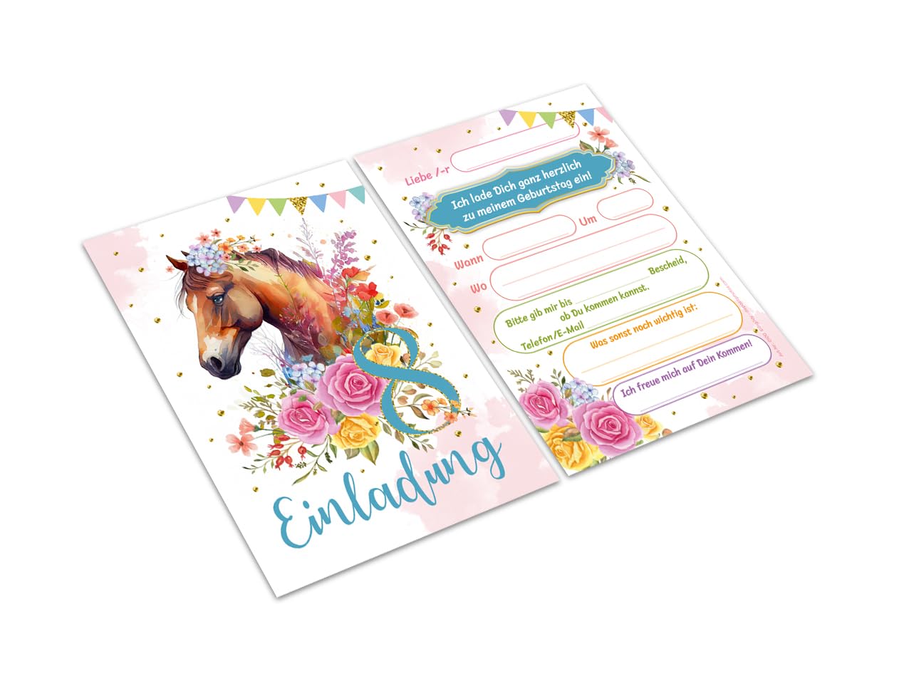 Minkocards 8 biglietti d'invito con 8 buste per l'8° compleanno per bambini, motivo: cavallo, invito per l'ottavo compleanno, per bambini