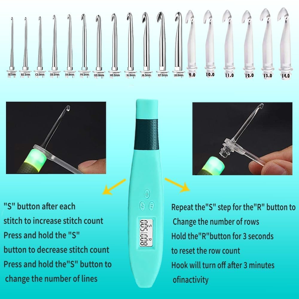 Yarniss Juego de ganchos de ganchillo de 18 tamaños con luz, contador digital con estuche (2.0 mm ~ 14.0 mm) | Gancho de ganchillo digital con cabeza de metal, brilla en la oscuridad mejor para ganchillo nocturno