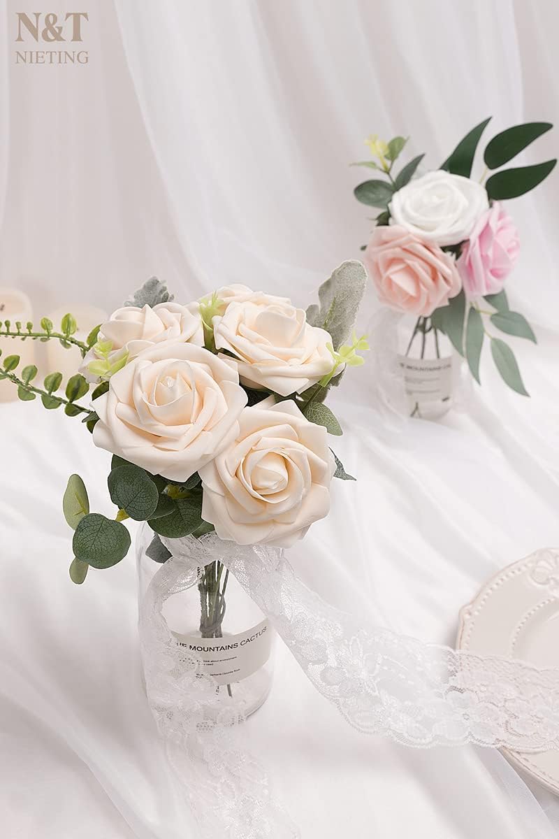 N&T NIETING Artificial Flowers, 25pcs Fake Flowers Bulk Perfect for DIY Fall Wedding Bridesmaid Bridal Bouquets Centerpieces Party Home Flower Arrangement Decoration, Cream Roses - Image 7