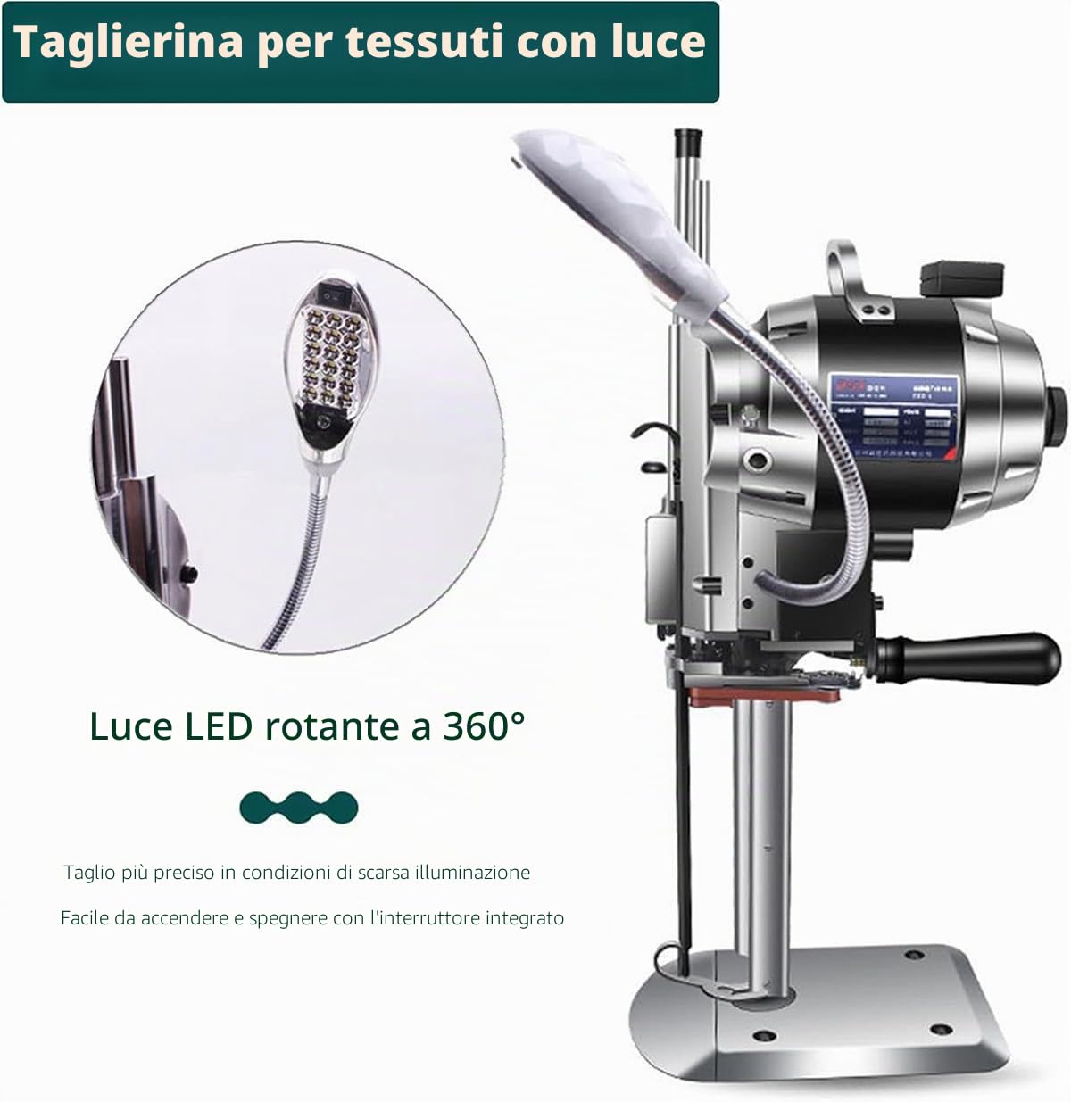 Taglierina Verticale elettrica per Tessuti con Lama Dritta, Macchina da Taglio per Tessuti da 1100 W, con Luce LED, per Tessuti, Carta, Pelle, Gomma e Moquette,6in