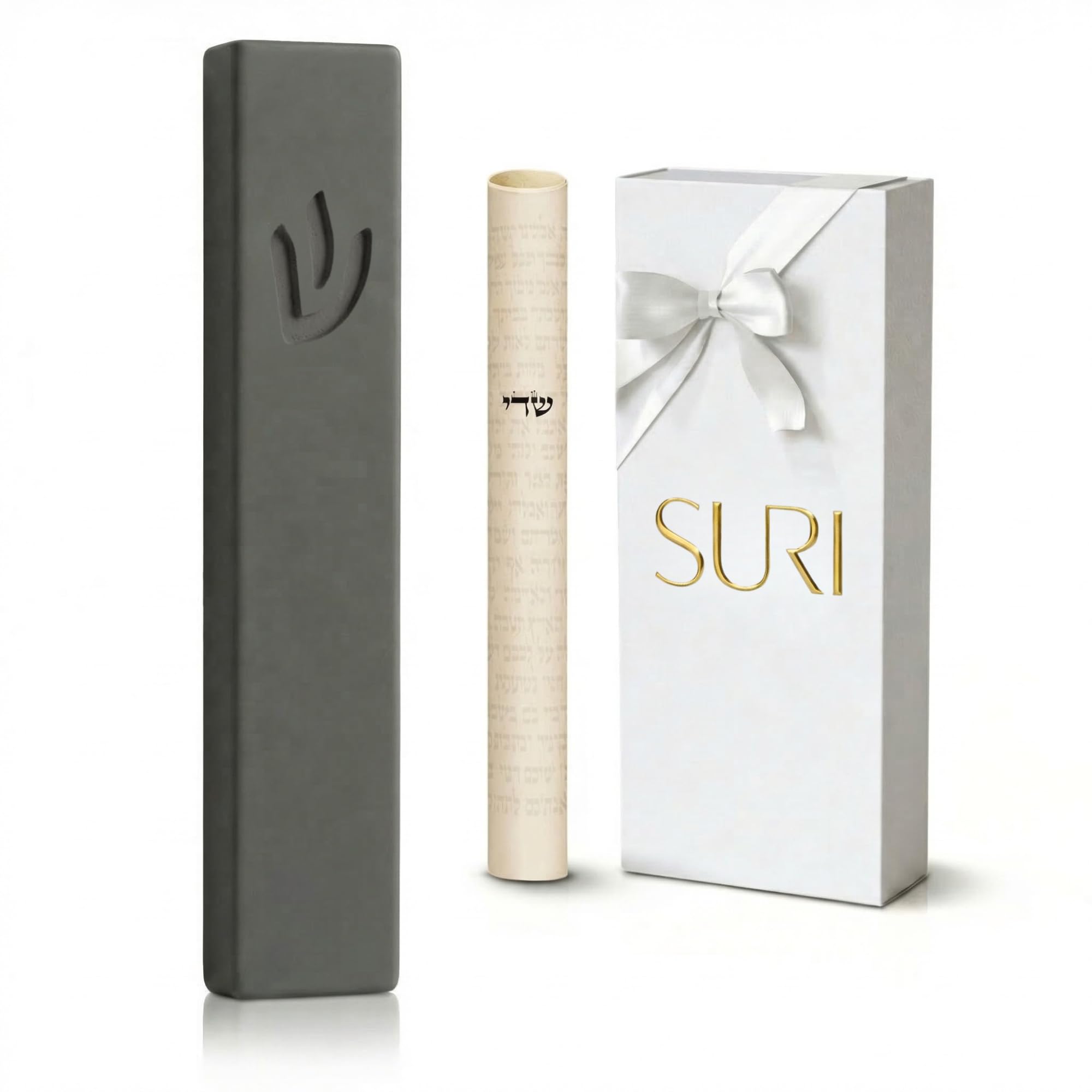 SURI Mezuzah for Door – 4 Inch Dark Gray Concrete Mezuzah Cover with Non Kosher Scroll, Self-Stick Adhesive, Fits a 3 Inch Mezuza Scroll, Gift Box Included