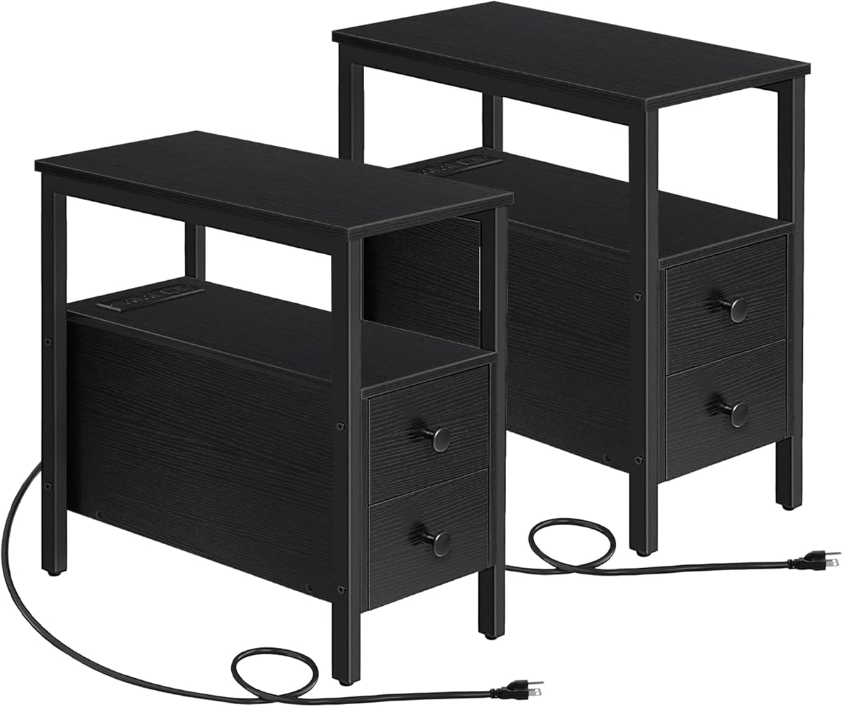 HOOBRO Set of 2 End Tables with Charging Station, Narrow Side Table with Drawers & USB Port & Power Outlets, Nightstand for Small Spaces, Living Room, Stable and Sturdy, Black BK541BZP201