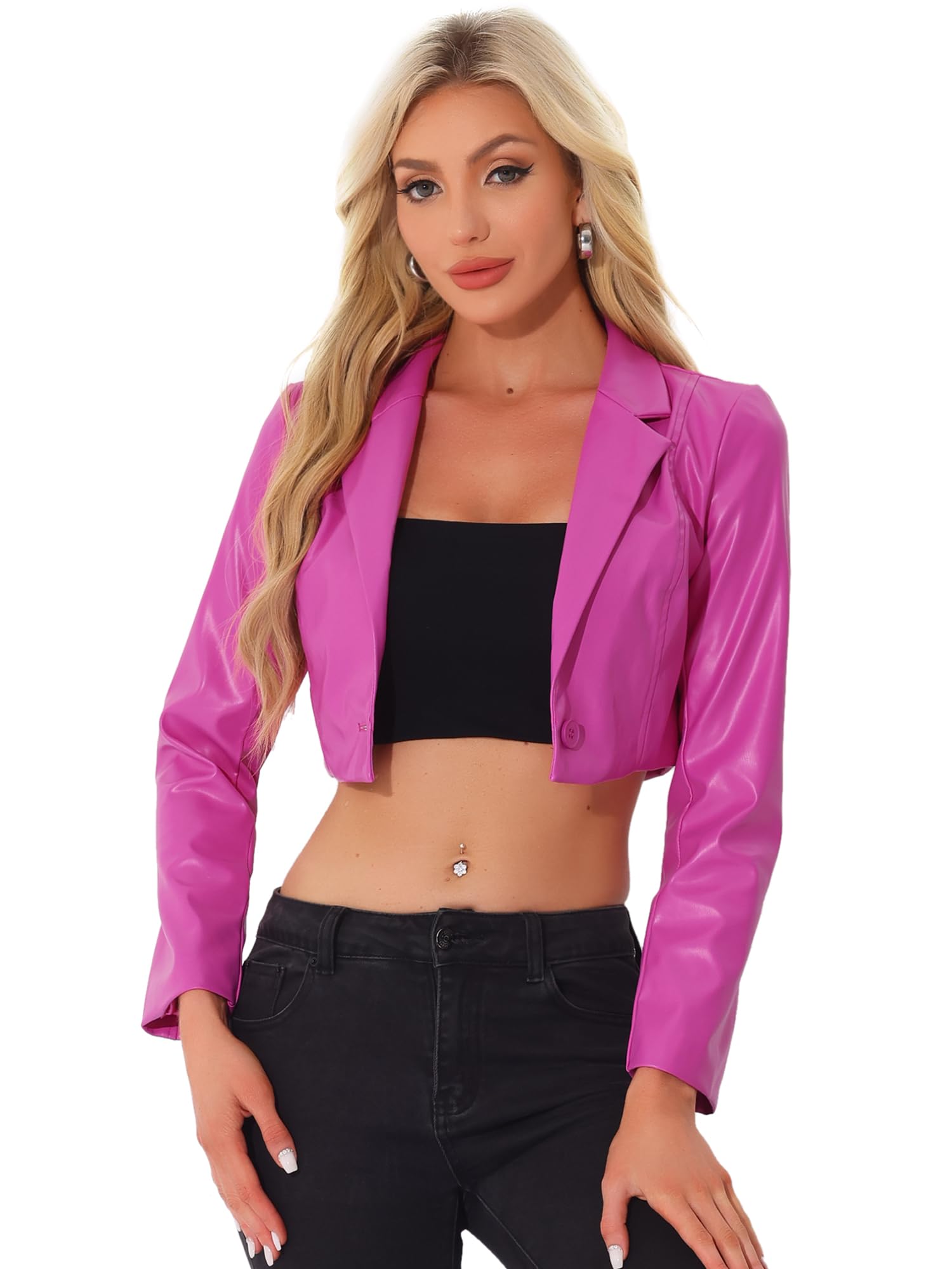 Allegra K Cropped Leather Jacket for Women's PU Casual Moto Jackets
