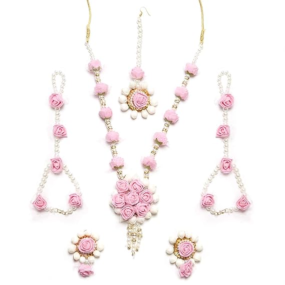 Zeneme Jewellery Set for Women Floret Gota Patti Necklace, Earrings, Bracelet & Maang Tika for Women & Girls (Mehandi/Haldi)