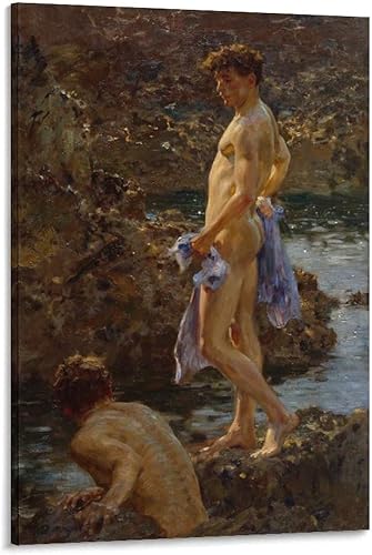 A Bathing Group by Henry Scott Tuke Poster Canvas Artwork Prints Rustic Farmhouse Decorations for Living Room Bathroom Bedroom 20x30inch(50x75cm)