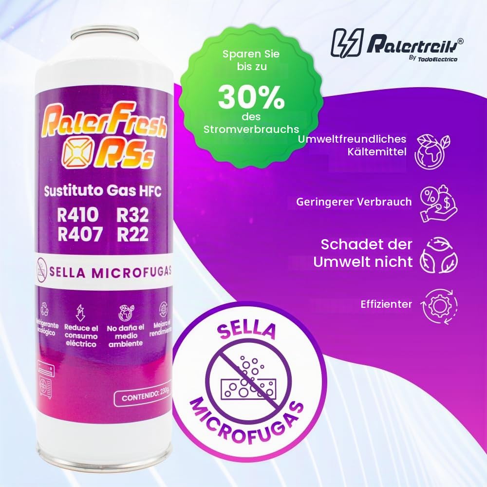 Organisches Kältemittel für Klimaanlagen Typ Split Ralerfresh RS entspricht 950 g, Ersatz für Gas R410, R32, R407 und R22 (2 Flaschen 230g + Manometer RF31 + Adapter)