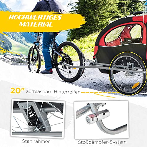 HOMCOM Kinderanhänger Radanhänger mit Fahne einklappbarer Fahrradanhänger für 2 Kinder mit Regenschutz atmungsaktiv Oxfordgewebe Rot 155 x 88 x 108 cm – Bild 6
