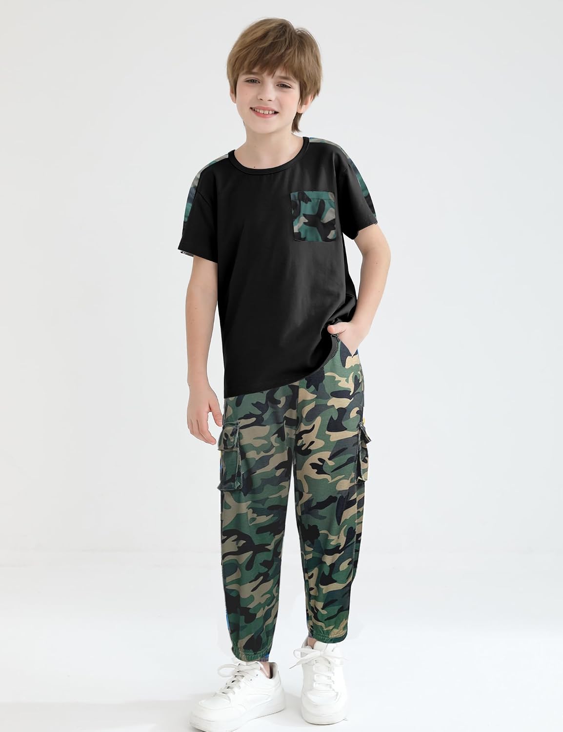 mksodopy Boys Clothes Outfits Set, Camo Cargo Pants and Short Sleeve Pocket Tee 2PC Summer Tracksuit for Kids 5-16Y