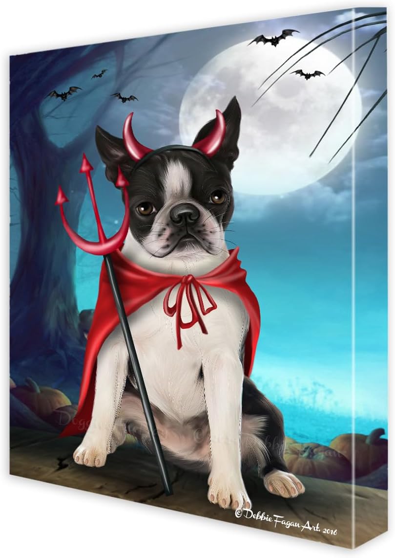 Devil Halloween with Boston Terrier Dogs Canvas Wall Art - Premium Quality Ready to Hang Room Decor - Black Floating Framed 16" x 16"