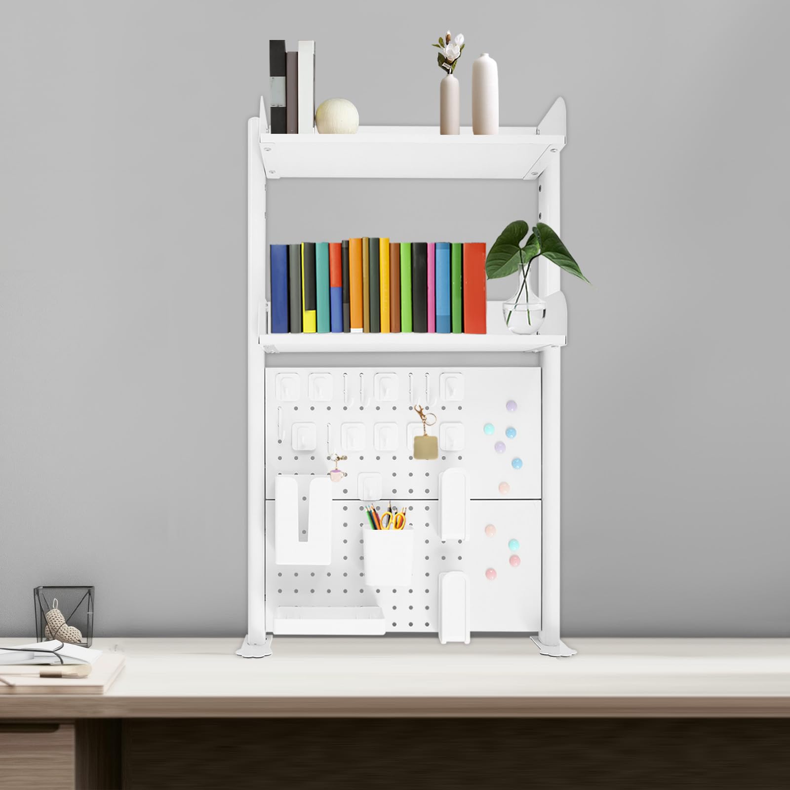 Organizer da scrivania con morsetto da 50 cm, a 3 livelli, con parete forata, per casa, ufficio (bianco)