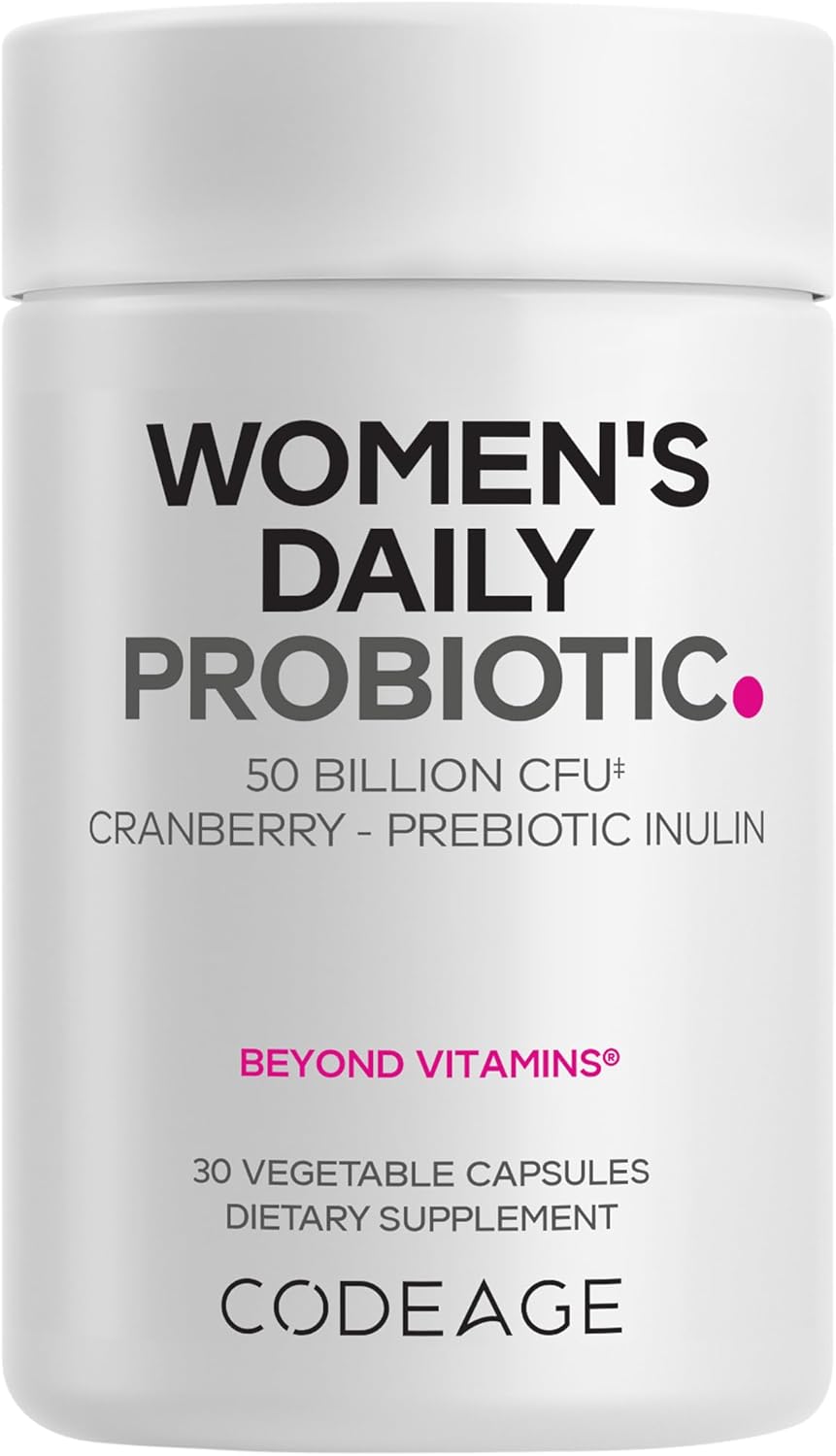 Codeage Women’s Daily Probiotic Supplement – 50 Billion CFU Supplement, Cranberry Fruit Powder, Prebiotic Chicory Root Inulin – Women’s Wellness Support – 1 Capsule Per Serving - Non-GMO – 30 Capsules