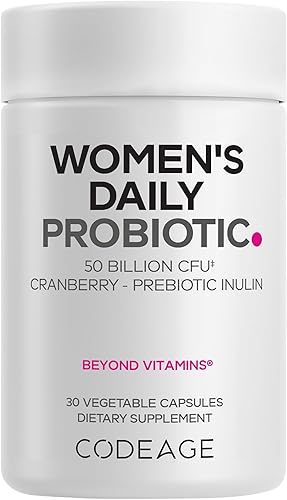 Codeage Suplemento probiótico diario para mujeres  Suplemento de 50 mil millones de UFC, polvo de fruta de arándano, inulina de raíz de achicoria