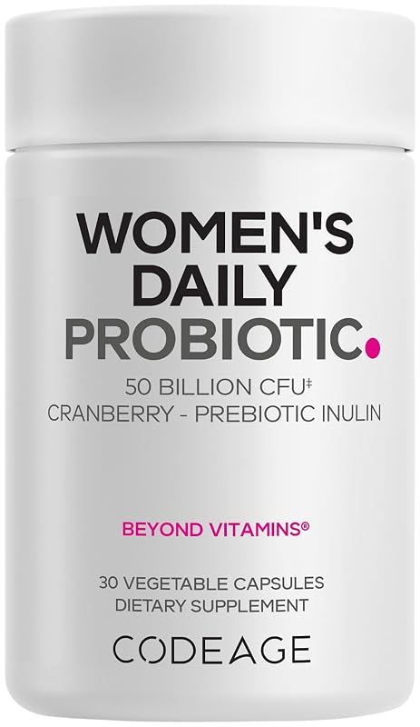 Codeage Suplemento Probiótico para Mulheres com Cranberry, Inulina de Raiz de Chicória e 50 bilhões de UFC, 30 cápsulas