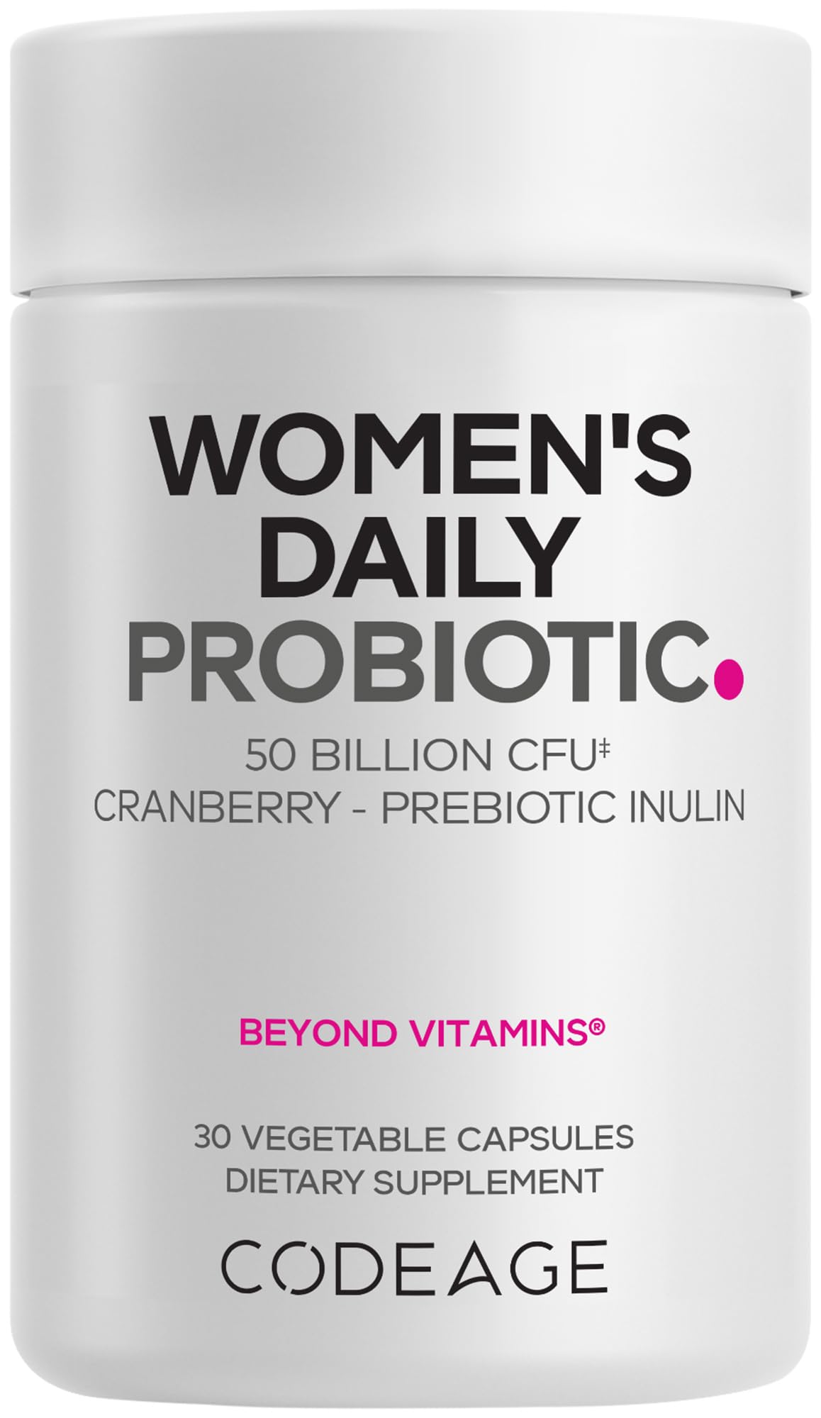 Codeage Women’s Daily Probiotic Supplement – 50 Billion CFU Supplement, Cranberry Fruit Powder, Prebiotic Chicory Root Inulin – Women’s Wellness Support – 1 Capsule Per Serving - Non-GMO – 30 Capsules