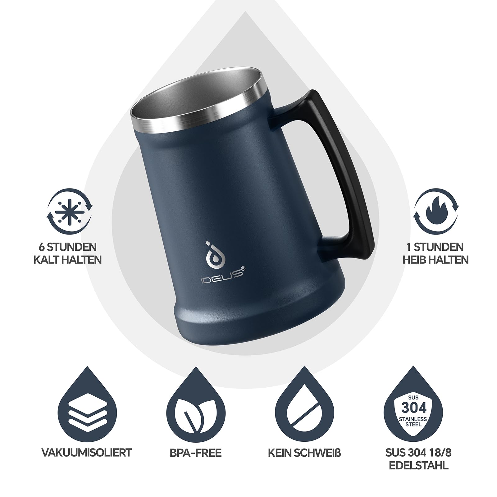 Ideus® Geïsoleerde bierpul met greep 1000ml, roestvrijstalen bierglas groot thermosbeker metalen bierpul, geboren voor het Oktoberfest (Oud roze