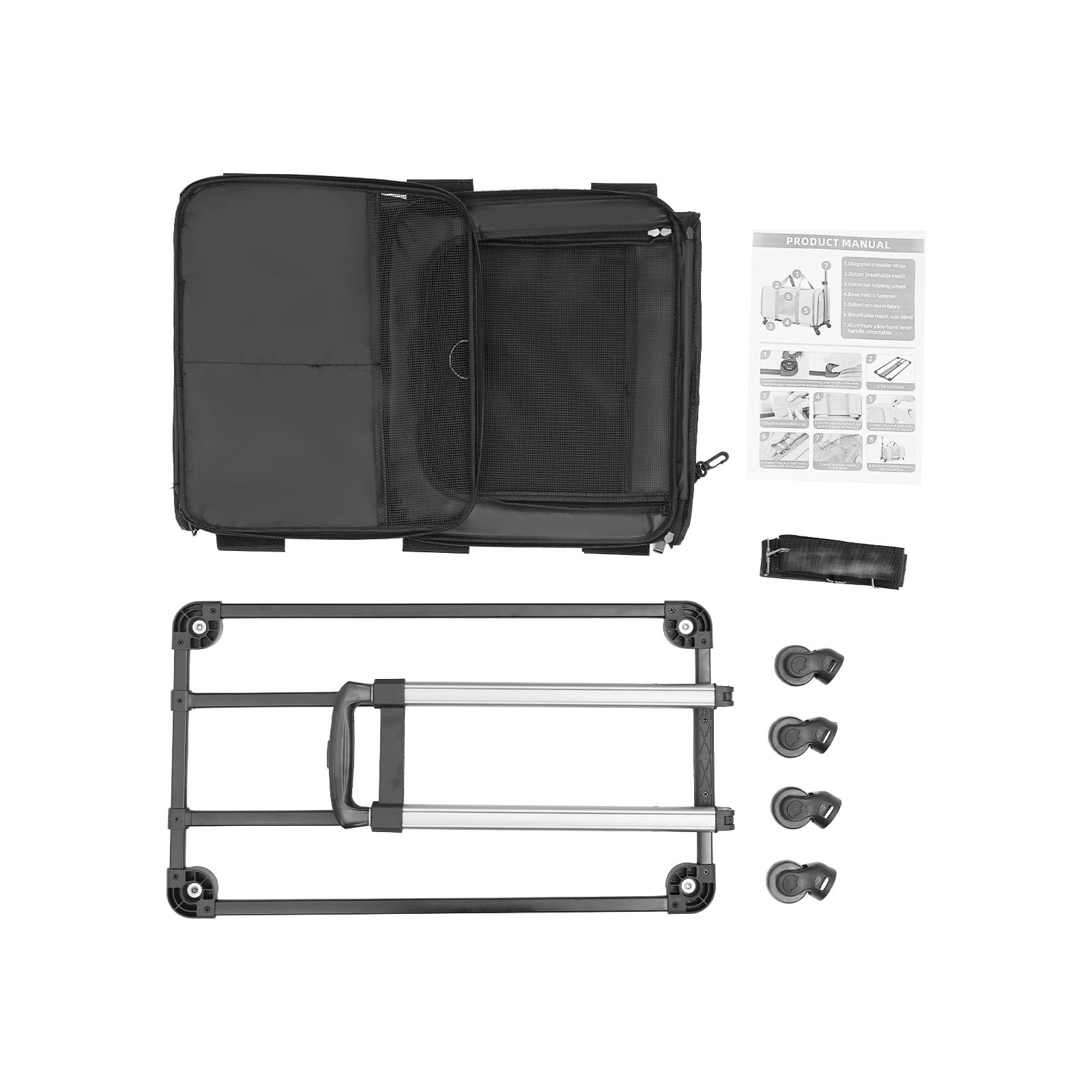 Transportín para mascotas con dos compartimentos y ruedas para gato/perro, caja de transporte extraíble para gatos con asa telescópica para 2 gatos/perros, hasta 17,5 kg, para viajes, senderismo