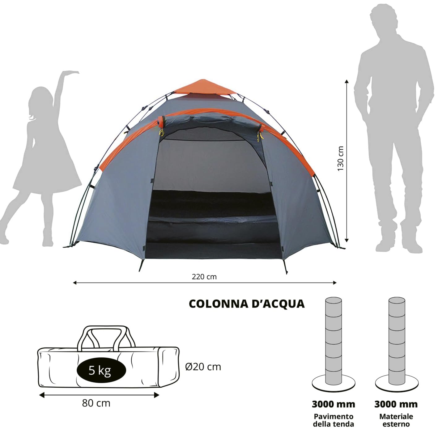 Lumaland Tenda Da Campeggio | 3-4 Person Family Tenda | Interne 210x210x120 cm | Impermeabile & antivento | Ideale come campeggio, festival e tenda da viaggio | Ultraleggero & robusto [Grigio]