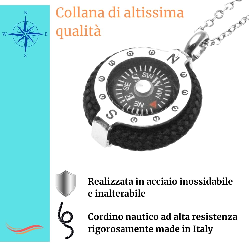 Collana Bussola Uomo in Acciaio Inox e Corda Vari Colori – Stile Nautico Mare Estate Vela – Collana Elegante Uomo