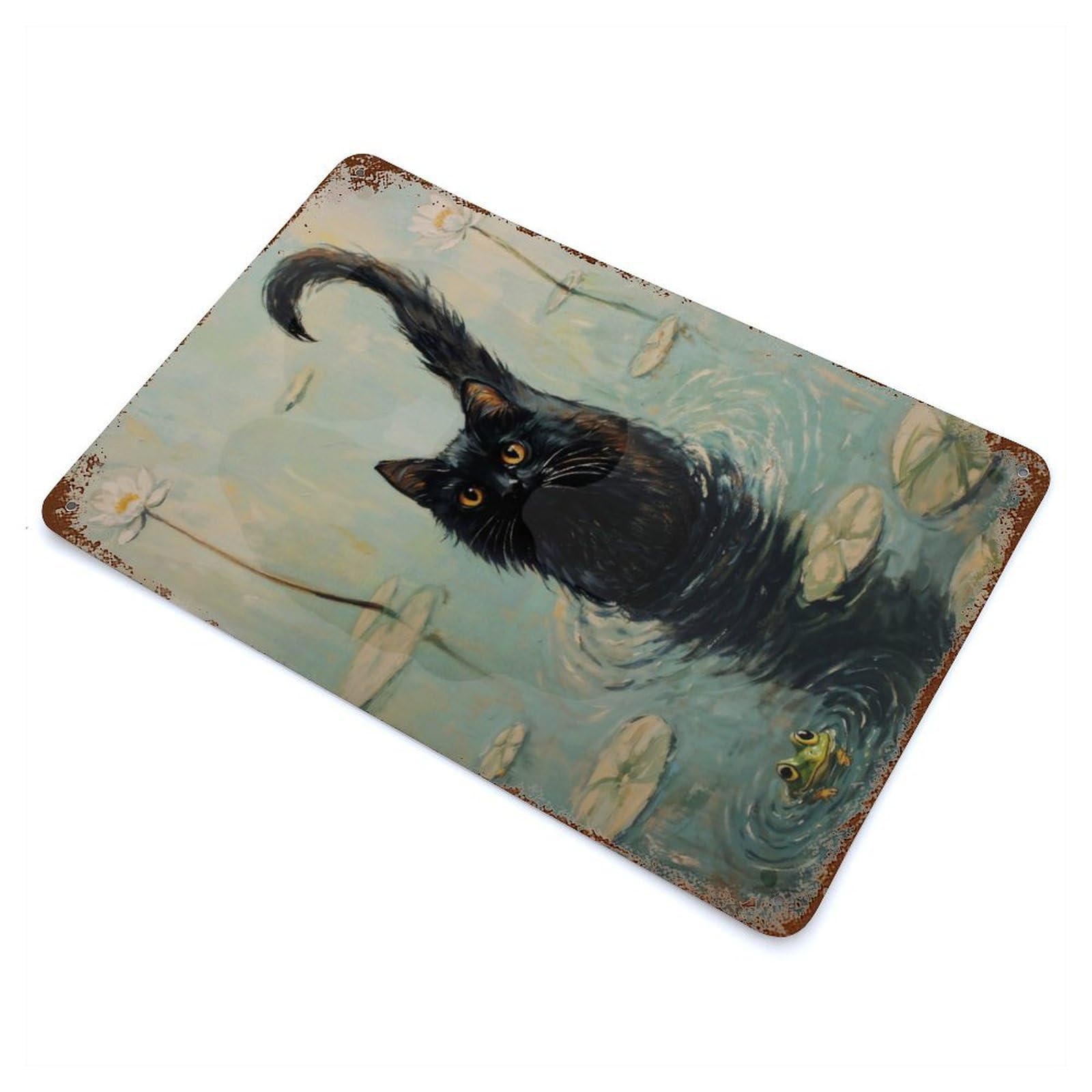 Black Cat in The Pond 11.8"x7.9" Vintage Rust Metal Sign, Shabby Chic Decor for Garage, Bar And Workshop Decor