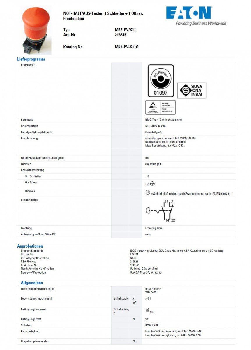 Eaton 216516 not-Halt/aus-Taste, D = 38 mm, Zugentriegelt, unbeleuchtet, 1 Öffner, 1 Schließer, Fronteinbau