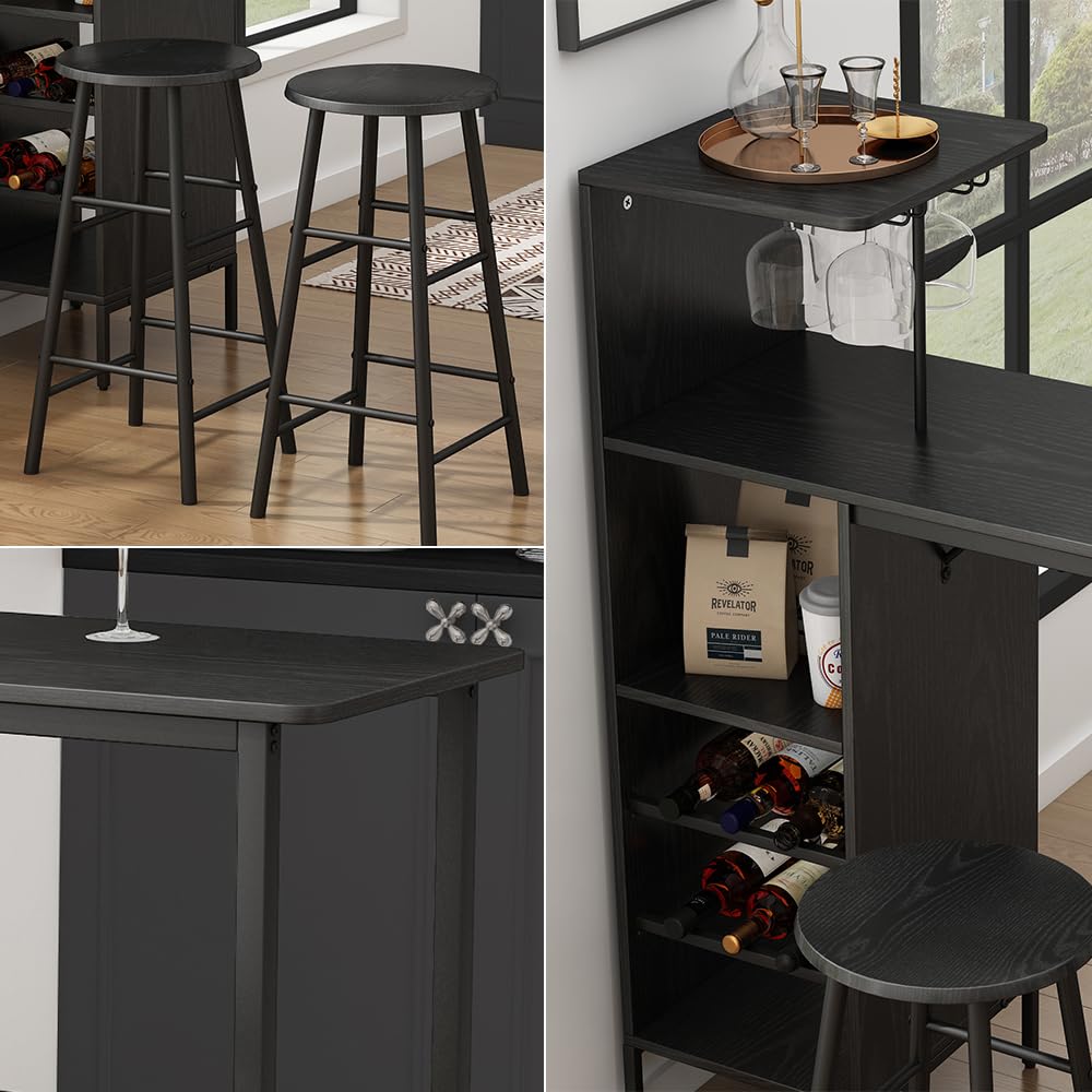 Vicco Juego de Mesa de Bar Naila, Negro, 121.5 x 40 cm con 2 taburetes, Apto como Comedor con Superficies de Almacenamiento para Guardar Objetos