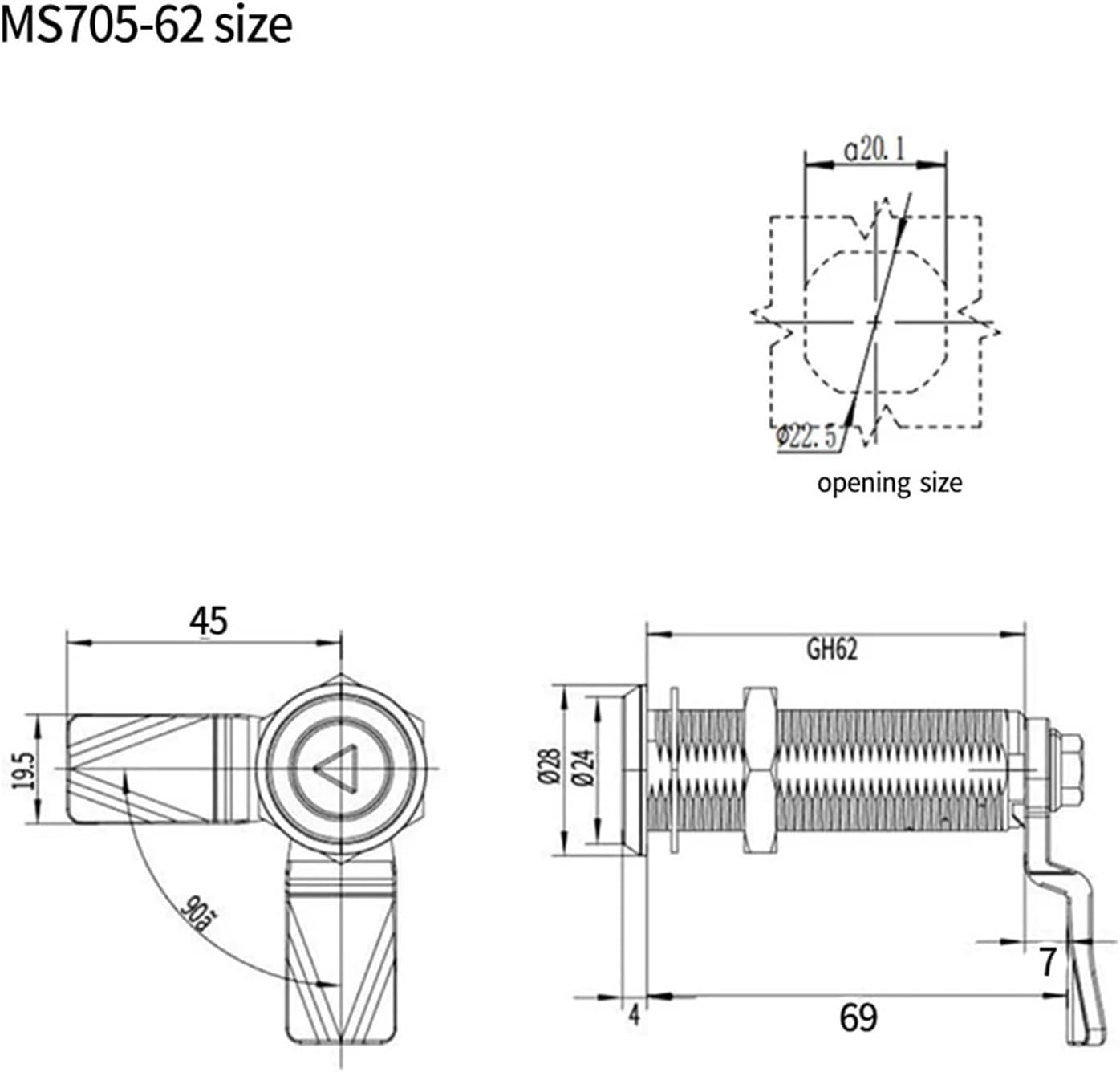MS705-30-40-50-62 Extended Tongue Lock Outdoor Cabinet Door 304 Stainless Steel 1Pcs(MS705-62 Triangle)