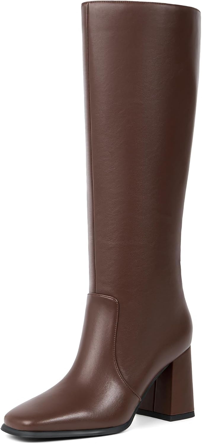 Modatope Knee High Boots Women Square Toe Chunky Heel Fashion Tall Boots