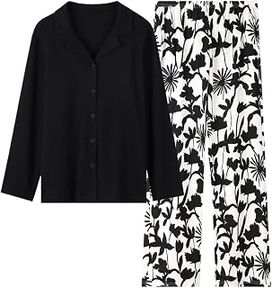 Women's Pajamas Set Black Cotton Lapel Pants Floral Pattern with Pocket Fashion Cozy Warm Long Sleeve Pajamas Top & Bottoms Set Loungewear Sleepwear Soft Sloth Nightwear