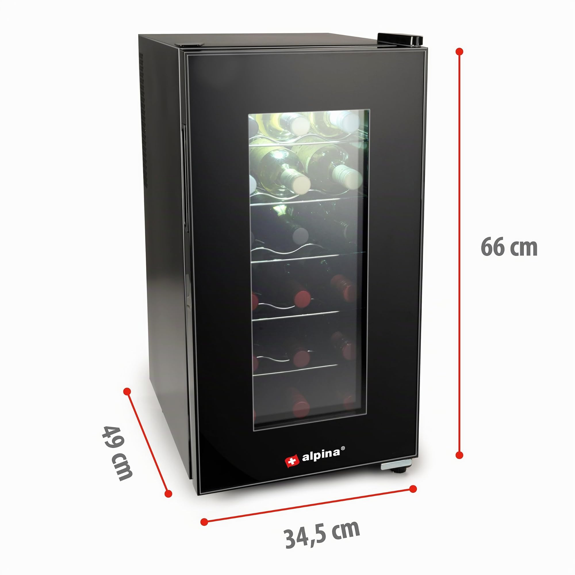 Alpina Frigorifero per vino – 230 V – 18 bottiglie/50 l – temperatura regolabile da 11 °C a 22 °C – Porta in vetro e illuminazione interna – silenzioso – nero