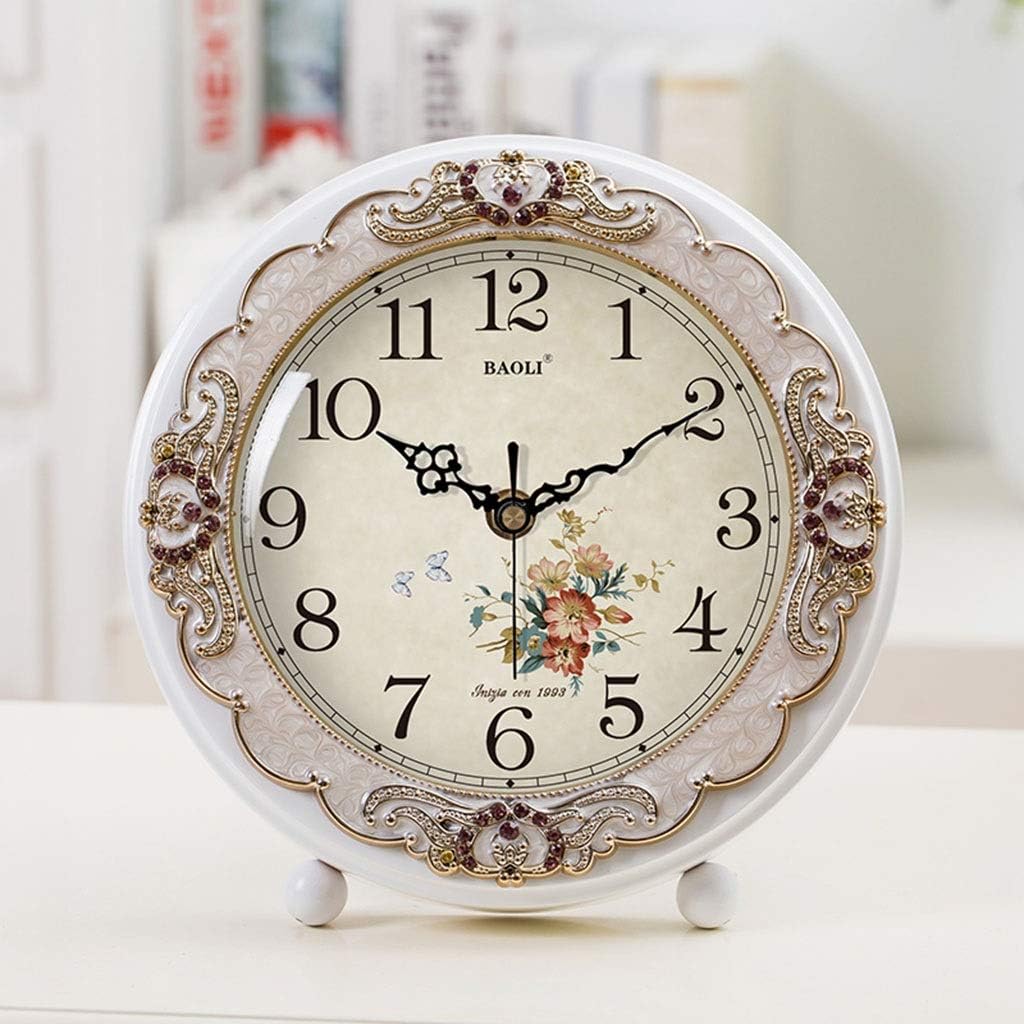 Retro Desk Clock European Wood Table Clock | Living Room Bedroom Silent Retro Quartz Desktop Clock Table Clock (Color : White, Size : 8.5"/21.5cm)