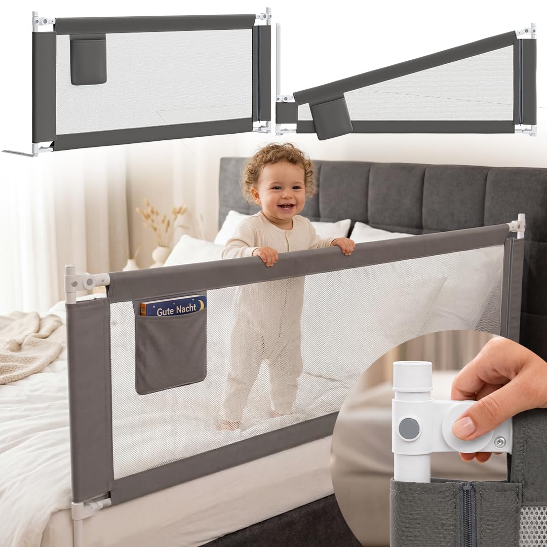 Bellabino Drina Rausfallschutz – Bettschutzgitter 180 cm Dunkelgrau – Bettgitter höhenverstellbar 69-99 cm – Baby Bettumrandung inkl. Seitentasche Schutzgitter mit Sicherheitsgurt Bett/Kinderbett