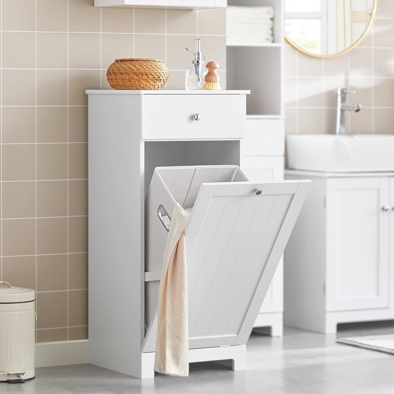 Wäscheschrank Wäschetruhe Badezimmer Aufbewahrungsschrank Mit Wäschekorb Weiß, White