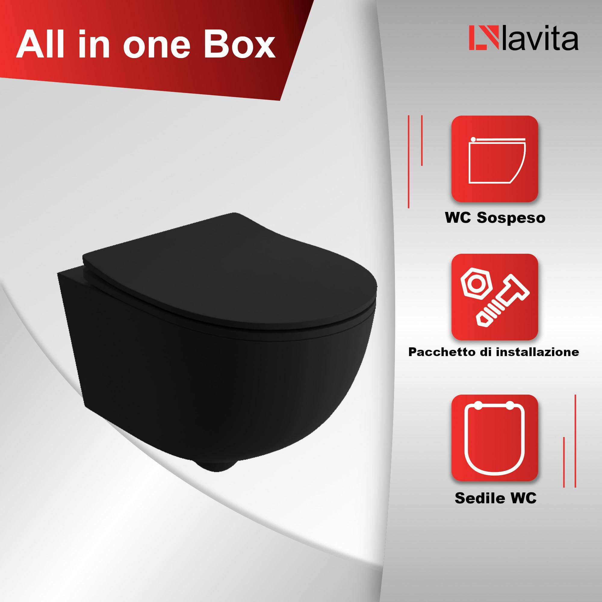 LAVITA WC sospeso Brava Black Sedile WC con chiusura ammortizzata e cerniere in metallo WC senza brida WC sospeso 360x480x375 mm Nero