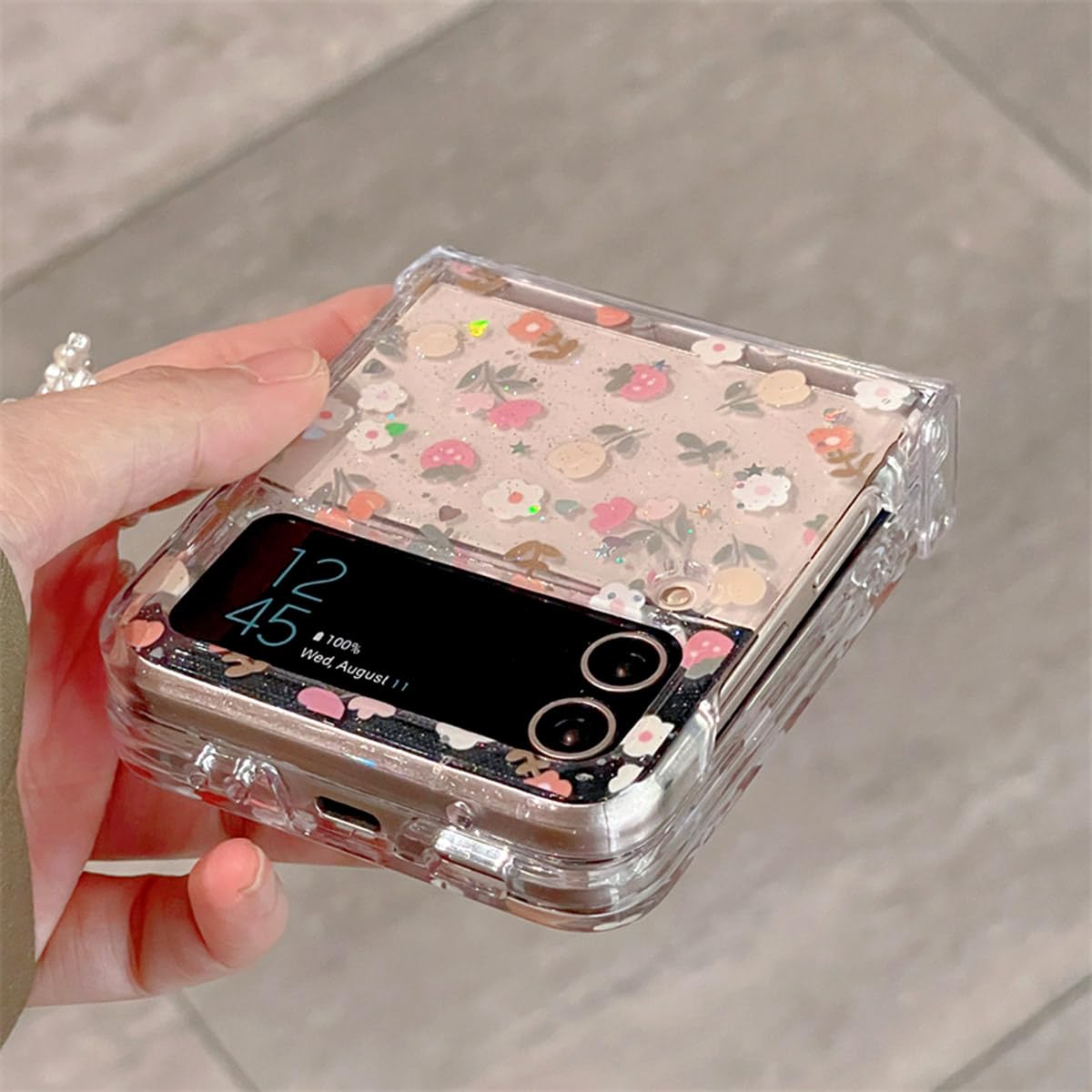 GO-VOLMON for Samsung Galaxy Z Flip 4 Cute Woman Case Kawaii Flower Print, Clear Bling Case for Galaxy Z Flip 4 with Hinge protector, Glitter Powder Lovely Floral Design Girly Case for Z Flip 4