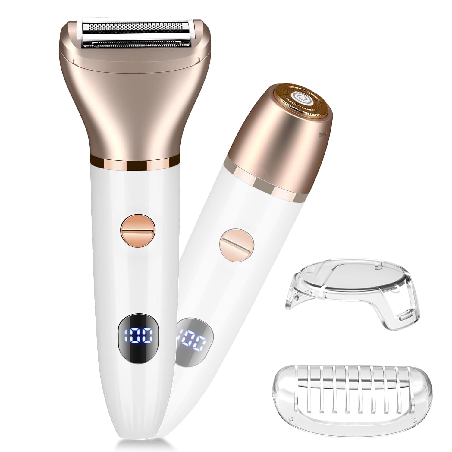 RNKR 2-in-1 Electric Shaver &amp; Bikini Trimmer for Women - Painless Hair Removal for Face/Legs/Bikini, IPX4 Waterproof, USB Rechargeable with LCD Display, White