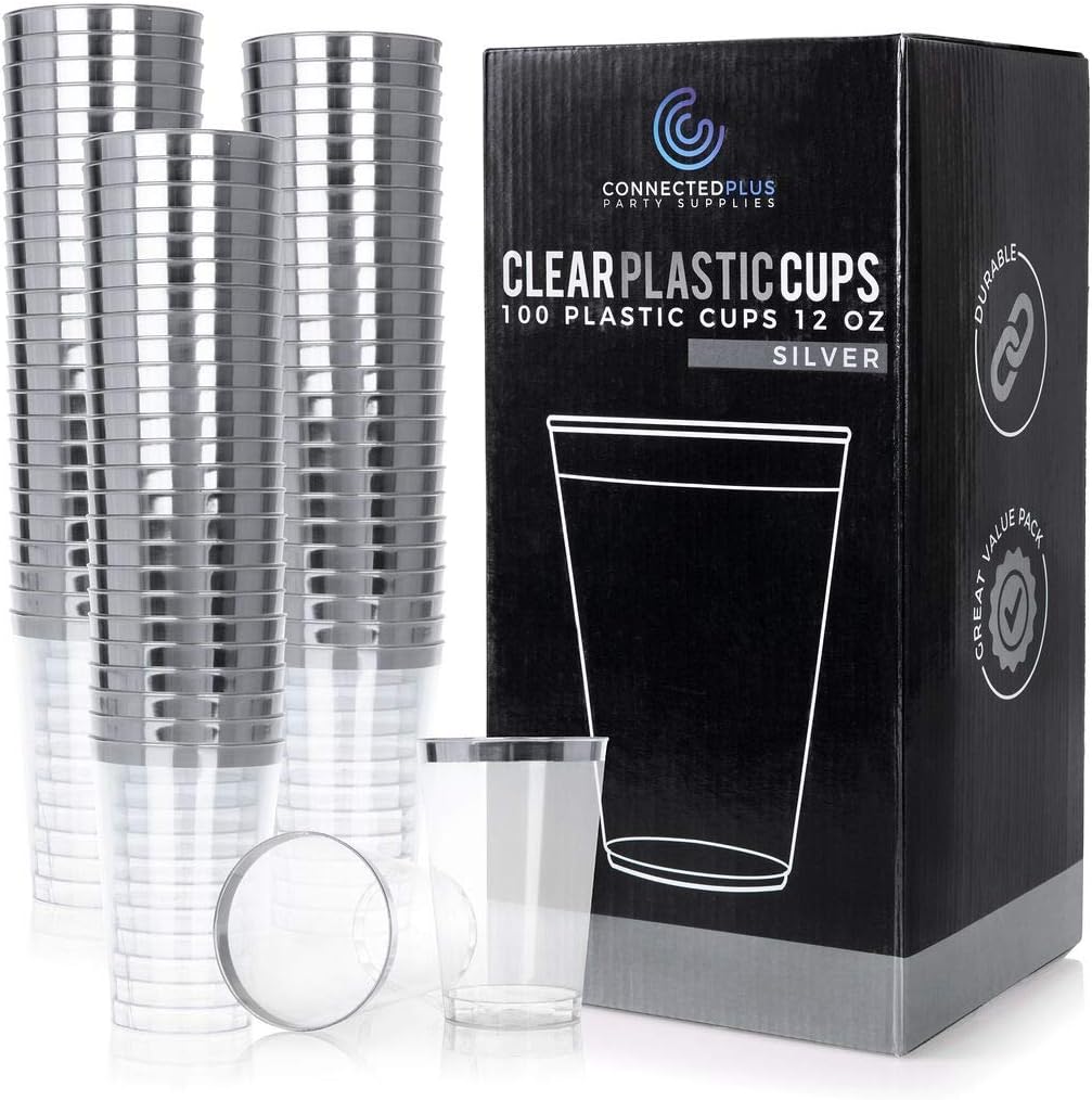 ConnectedPlus 12 oz Silver Rimmed Plastic Cups: 100 Elegant Silver Trim Disposable Wine or Cocktail Party Glasses for a Wedding or Holiday Parties - Clear Plastic Cup with Fancy Trim
